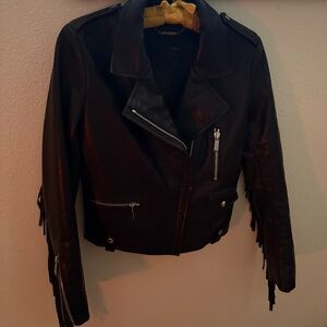 Barbara Bui Black Leather Jacket with Fringe 100% Agneau Lambskin